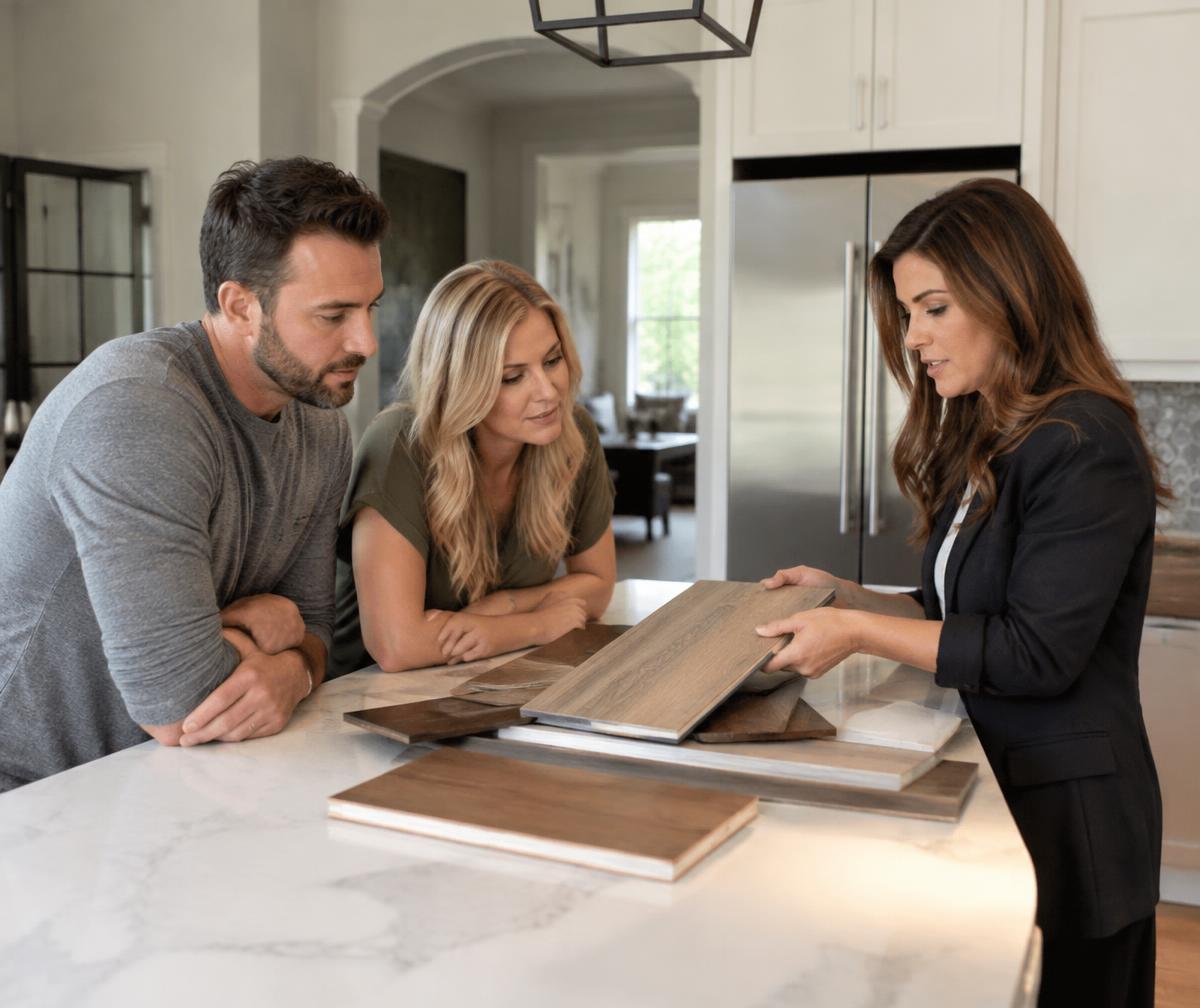 Flooring sales rep reviewing sample planks with a homeowner couple during an in-home estimate