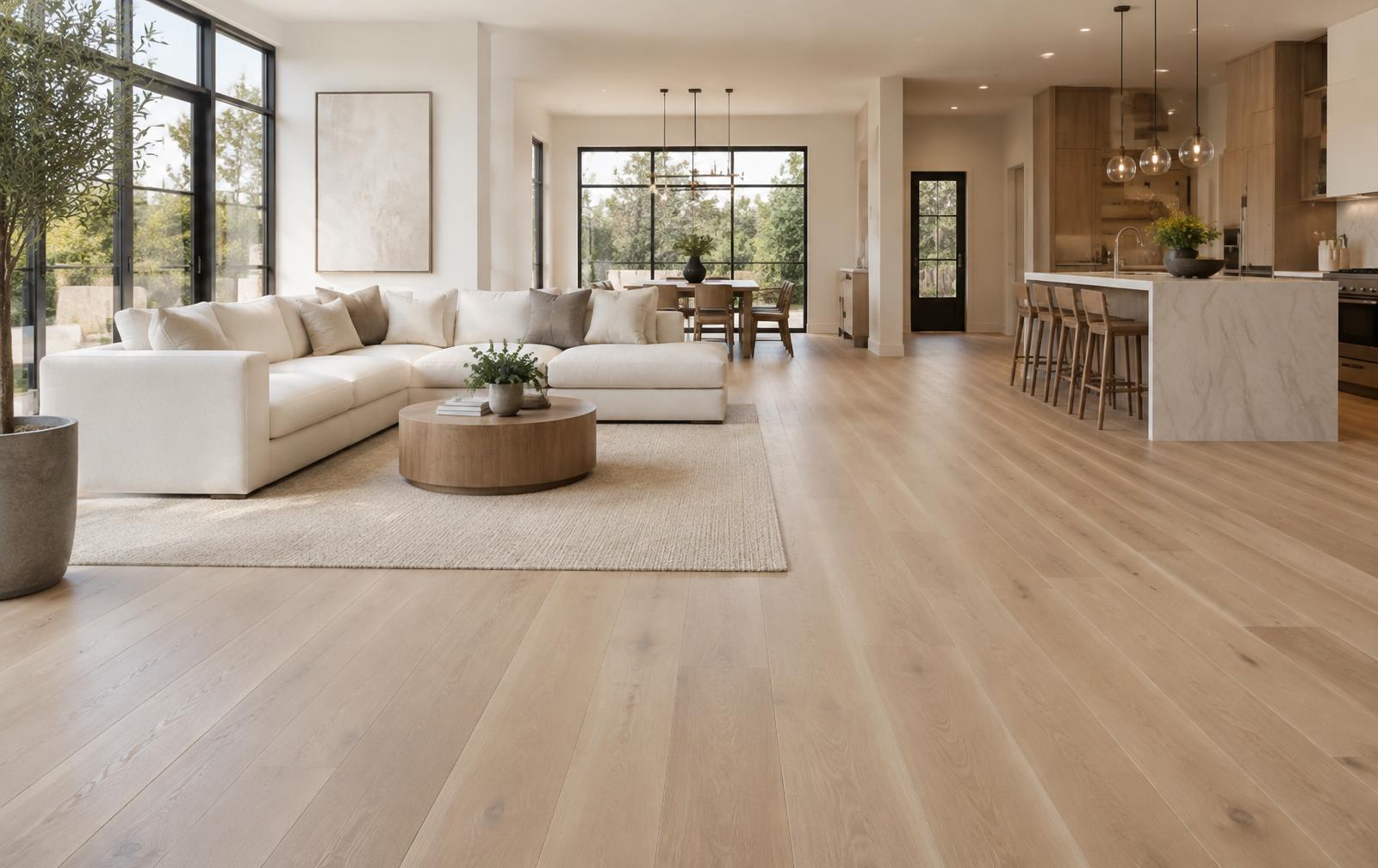 Open-concept luxury home with newly installed wide-plank oak flooring